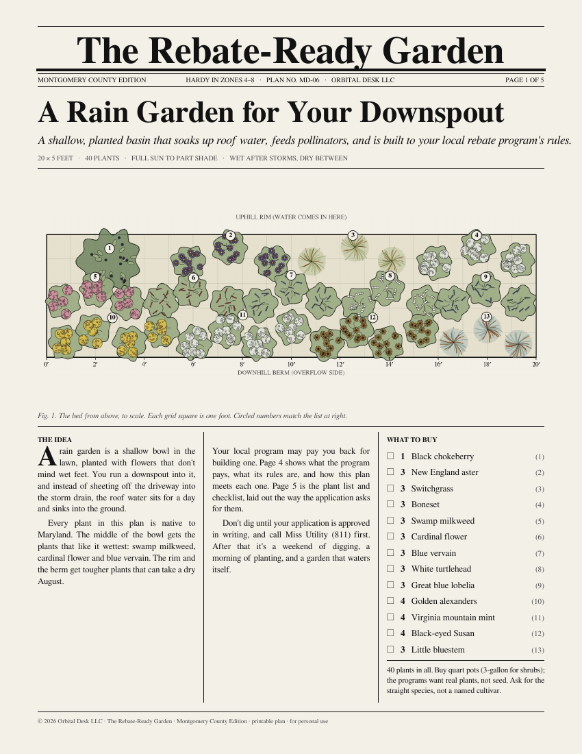 First page of the Montgomery County rain garden plan showing the Plant-by-Numbers map